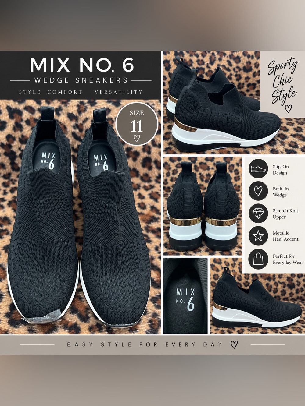 Mix No. 6 Black Knit Slip-On Wedge Sneakers with Gold Accent